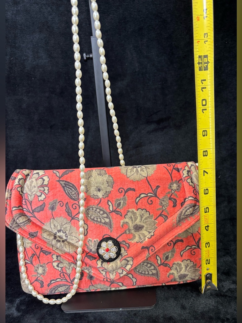 Anthropologie Coral Floral Velvet Envelope Clutch Pearl Strap Bag - Picture 4 of 16